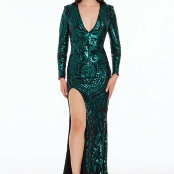 Dress The Population Black Emerald Green Alessandra Sequin Gown